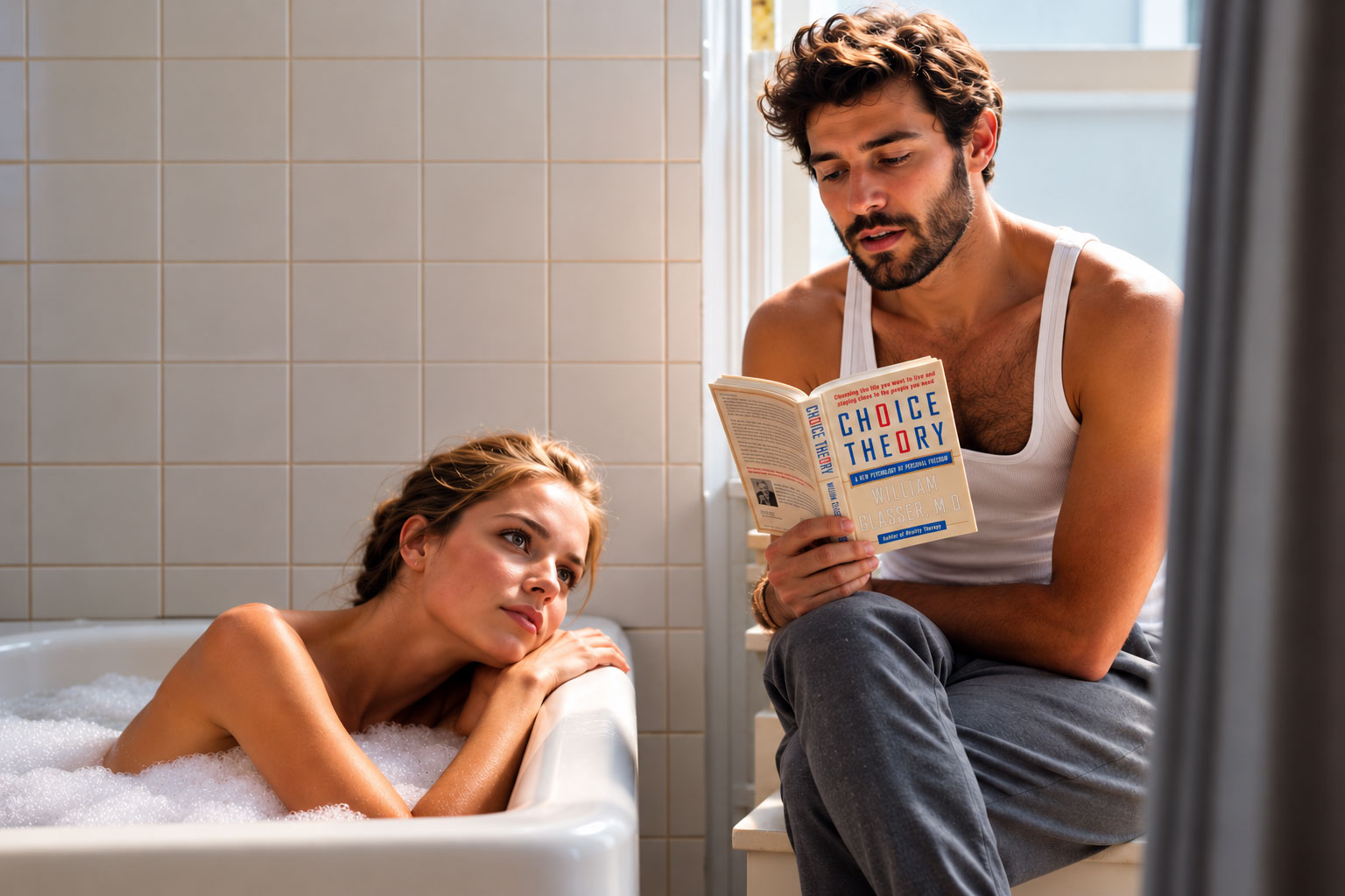 A couple at home, at ease &mdash; one reading, one in the bath.